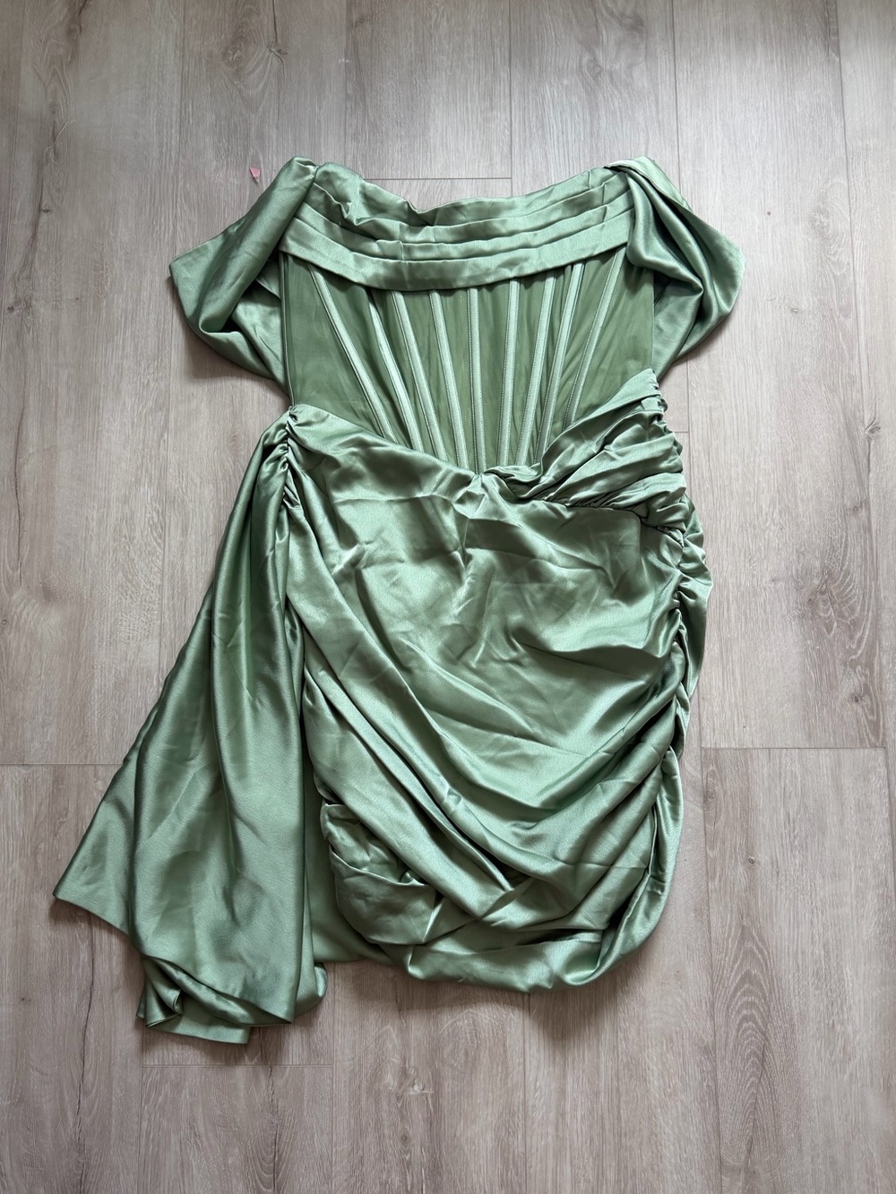 Miss Circle Kendal Basil Satin Draping Off Shoulder Corset Dress, NWT